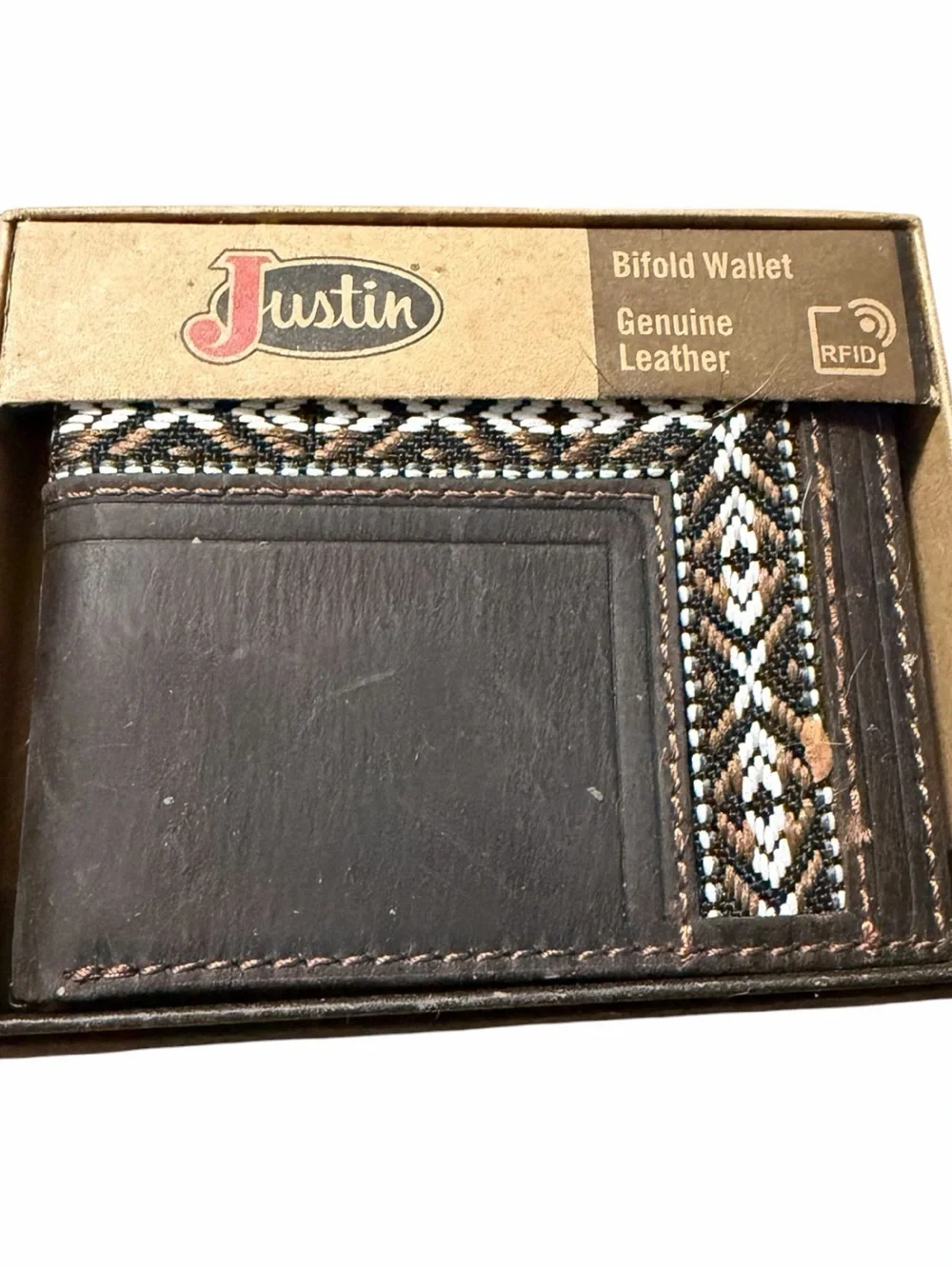 Justin Boots Brown Leather Bifold Wallet with Patterned Fabric Trim